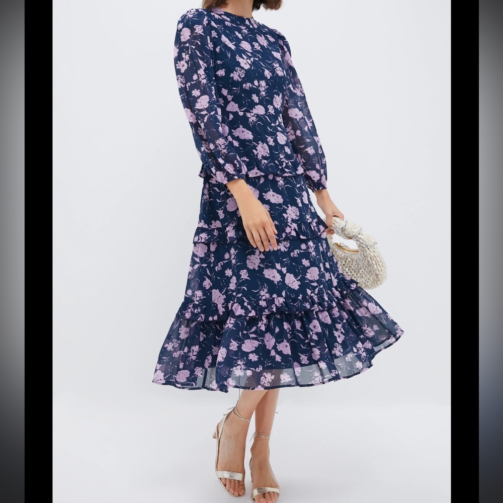 HYACINTH HOUSE Navy & Blush Abstract Floral Rosalind Ruffle Midi Dress XS NWOT